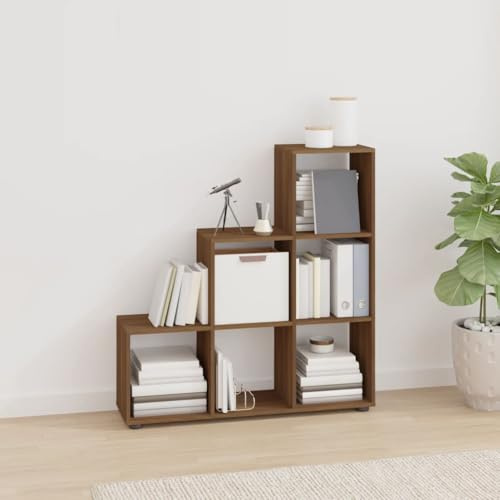 sephironlbb Trapphylla brun ekutseende trämaterial 107 cm höjd 6 fack förvaringsutrymme för böcker dekoration vardagsrum kontor arbetsrum platsbesparande stabil
