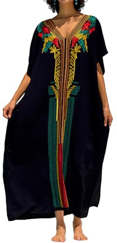LikeJump Femmes Coton Robe Grande Taille Eté Caftan Longue Kimono Bikini Cover-Up Plage Tunique Maillot de Bain