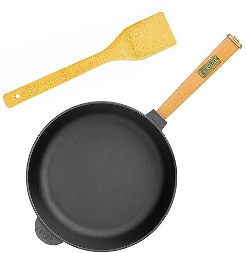 Gusseisenpfanne Ø 28cm BRIZOLL Bratpfanne aus Gusseisen Eisenpfanne Gusspfanne rund mit Holzgriff und Pfannenwender von 4big.fun INDUKTION für alle Herdarten Backofen Grill