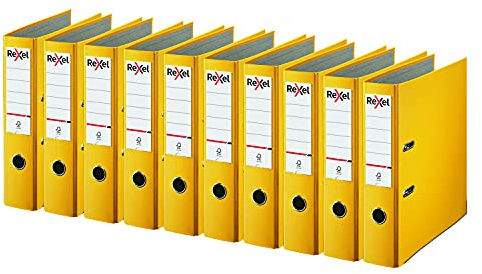 Rexel A4 Lever Arch Files, Yellow Polypropylene Filing Folders, Durable PP ECO 75 mm Spine Holds Up to 500 Sheets, for A4 Document Storage and Everyday Filing, Pack of 10