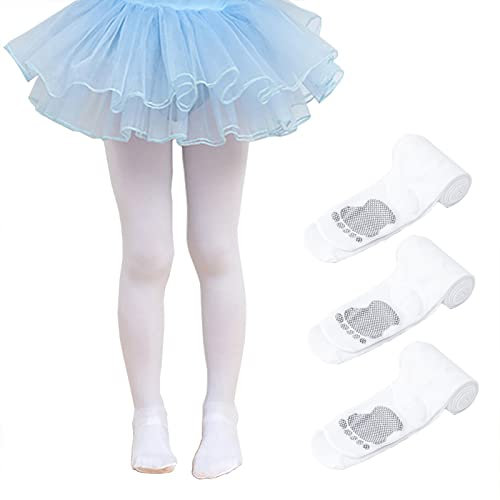 NautySaurs 3 Paar Mädchen Ballett Tanz Strumpfhosen für Sommer dünne Leggings weiche dehnbare Schule Strumpfhose für Kinder 2-13 Jahre, Weiß, 3 Paar, 5- 7 Jahre