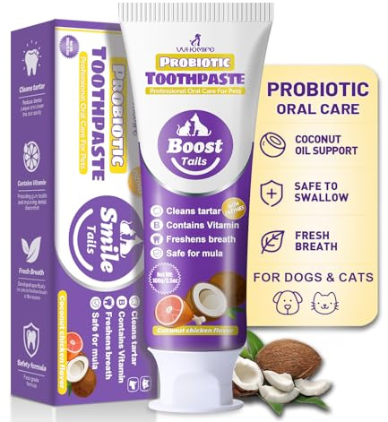 Natural Coconut Oil Dog & Cat Toothpaste for Fresh Breath & Daily Oral Care, Enzymatic Probiotic Formula with Vitamin B, Helps Reduce Plaque & Tartar, Safe to Swallow, Coconut Chicken Flavor, 3.52oz