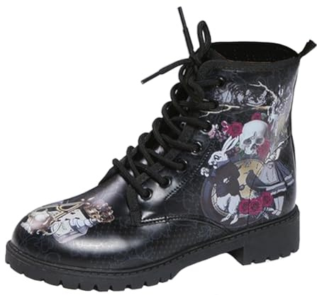 Ulalaza Stivali da donna Punta tonda Tacco largo Stivaletti con plateau gotico Stivali da combattimento da motociclista punk stringati Stivaletti corti in pelle con stampa multicolore