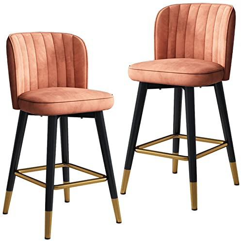 Drehbarer Hochstuhl mit Samt-Rückenlehne, Barhocker, 2 Stück, für Zuhause, Küche, Theke, Empfang, Barhocker mit schwarzen Beinen und goldfarbener Chrom-Fußstütze (Größe: 75 cm, Farbe: Orange)