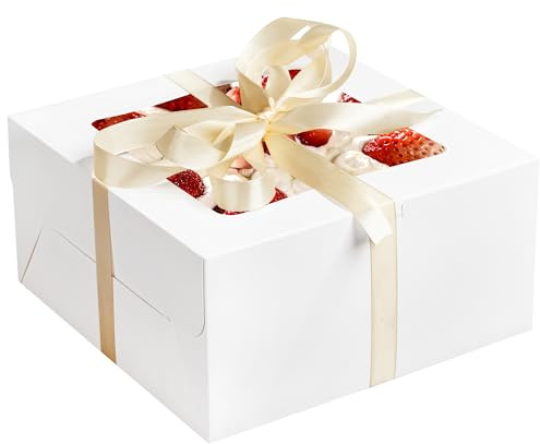 RACETOP 24pcs Cake Boxes with Window, 10x10x5 Inches White Bakery Boxes, Cookie Dessert Boxes, Pastry Box, Square Cardboard Cake Box for Cake, Birthday Party, Donuts, Wedding