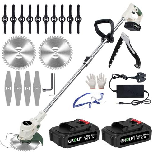 Cordless Grass Strimmer with Battery and Fast Charger,21V Powerful Electric Garden Grass Trimmer Rechargeable Lightweight Yard Brush Cutter with Metal Blades,Suitable for Gardens, Villas, Lawns