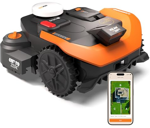 WORX Vision Cloud 2WD Robot Tondeuse WR312E, sans Fil périphérique, jusqu'à 1200 m² (évitement d'obstacles par IA, Navigation VSLAM + RTK Cloud, cartographie Auto, contrôle Via l'app, Cut-to-Zero)