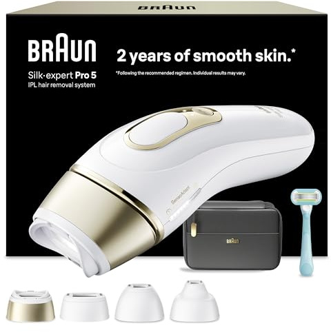 Braun Depiladora Luz Pulsada Silk·expert Pro 5, IPL, Depilación Láser en Casa para Cara Y Cuerpo, Reducción Permanente del Vello, Depiladora Laser con 4 Cabezales, Neceser Y Maquinilla Venus, PL5431