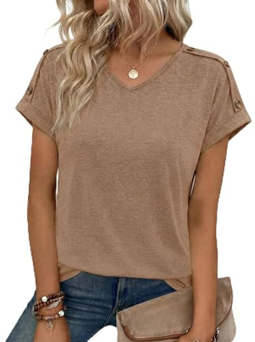 Totatuit camiseta mujer manga corta cuello en V unicolor top elegante y refinado con detalles de botones en los hombros Marrón，M