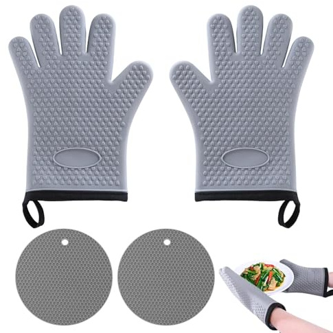 Silicone Oven Gloves Pair with 2 Non-Slip Pads, Heat Resistant to 500°F