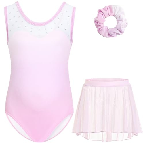 Gogokids - Body da ginnastica in velluto senza maniche per ragazze - Outfit da ginnastica per bambini con strass, set da tre pezzi per ragazze con body da ginnastica, gonna in chiffon e fascia per