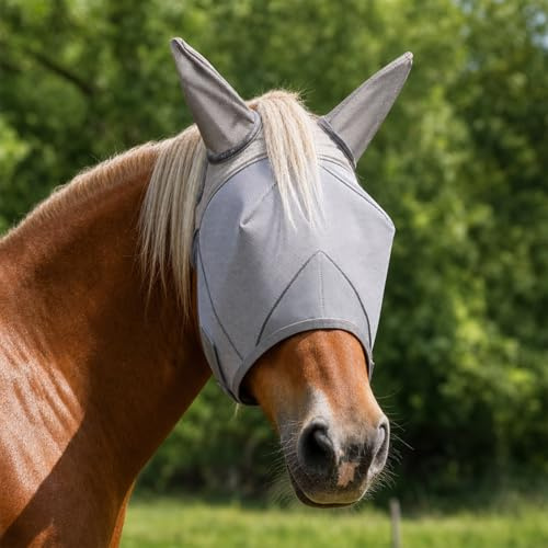 Masque anti-mouches réglable avec oreilles, protection UV, masque anti-mouches pour chevaux, confortable, sans nez, convient aux chevaux moyens et grands, idéal comme masque anti-mouches UV pour