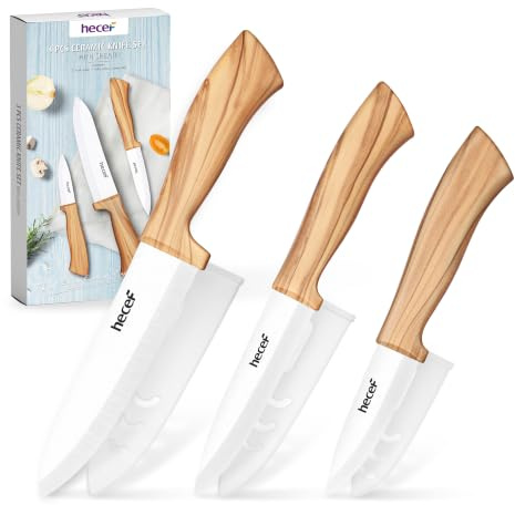 hecef Keramisk Knivset 3 delar med Knivskydd, Bekvämt Olivträ-look Handtag | Ultravassa keramiska med kockkniv, allkniv och skalkniv, lätta och perfekta för frukt och grönsaker