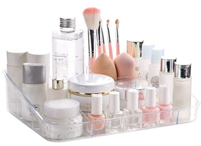 SUNFICON Makeup Tray Organiser Cosmetic Display Case Office Stationery Storage Holder Countertop Storage Unit Makeup Box for Bathroom Drawers,Vanities Office Desk,Washable Crystal Clear Acrylic