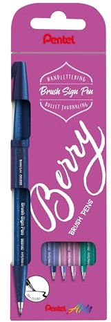 Pentel SES15B-4 Brush Sign Pen Berry Colors-set, fiberpenna, borstliknande spets, 4 stycken, färgsorterad, nattblå, blåviolett, pinklila, turkos