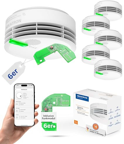 Hekatron Genius Plus X – Rauchmelder vernetzt 10 Jahre Batterie – mit Funkmodul Basis X – Testsieger Stiftung Warentest – made in Germany – Funkrauchmelder Set – mehrsprachig – 6 Stück