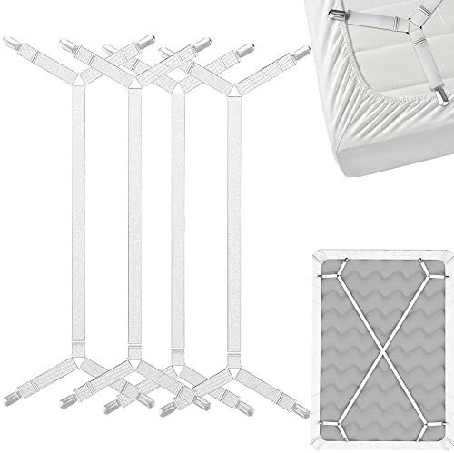 FeelAtHome Bed Sheet Holder Straps Criss-Cross - Sheets Stays Suspenders Keeping Fitted Or Flat Bedsheet in Place - for Twin Queen King Mattress Holders Elastic Clips Grippers Fasteners (4pcs, White)