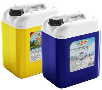 Sanitetsvätskeset 2 x 5 liter blå och vattensköljning för campingtoaletter för färsk- och avloppstank, kemiska toaletter, tillsats camping, toalett, sköljvattentank, sanitetskoncentrat campingtoalett, avloppstank