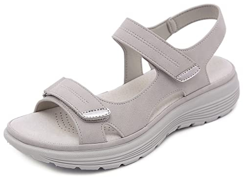 SMajong Sandali Donna Ortopedico con Adjustable Strappo Sandali Estivi Leggere Comode Cuoio Artificiale Sandali con Zeppa Vintage Moda Scarpe Versatili, B Grigio,37 EU
