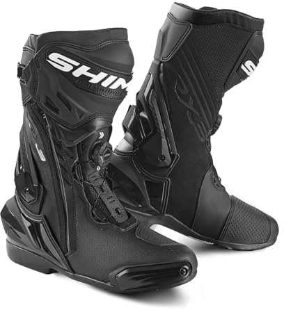 SHIMA VRX-3, Motorradsteifel Herren - Verstärkte Leder Motorradschuhe mit ATOP-Verschluss, Seitlichem Reißverschluss, Knöchelstütze, Anti Rutsch Sohle, Schaltgriff (Schwarz, 48)