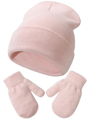 DRESHOW Baby Beanie Hat Mitten Set Infant Toddler Kids Winter Warm Knit Hat with Gloves for 2 Years - 5 Years Girls Boys Children