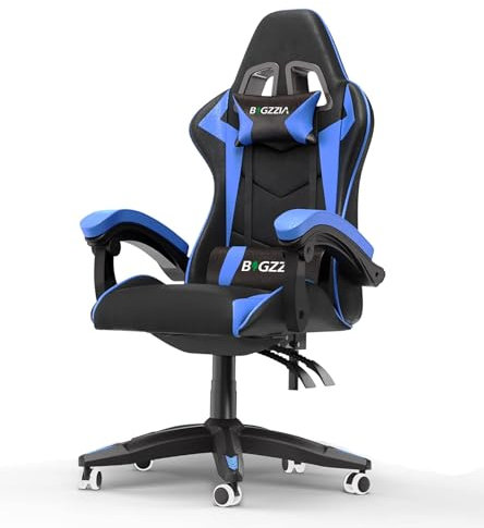 bigzzia Gaming Stuhl Gaming Chair-Ergonomischer PC Stuhl, 90-135° Rückenlehne PC Stuhl mit Kopfstütze Lendenstütze, Gamer Sessel für Jugendliche und Erwachsene (ohne LED, Schwarz-blau)