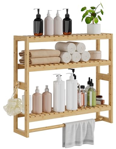 RRX Étagère de Salle de Bain en Bambou, 15 x 59 x 54 cm (P x l x H), 3 Niveaux réglables flottants, Fixation Murale ou Support avec Barre, étagères Debout, Porte-Serviettes (Beige)