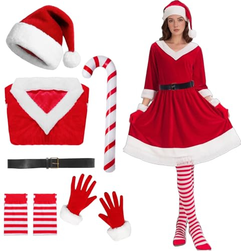 HarnyLoom Robe Noel Femme Chapeau de Père Manche Longue Vetement Rouge Chic Soiree Jupe Hoodie Gants Chaussettes Fête de Noël (XL)