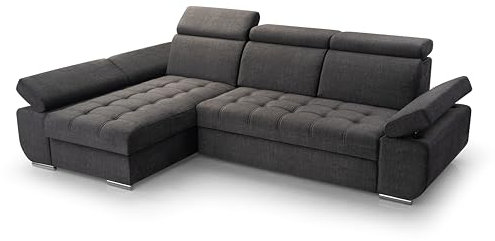 FurniShop24 Ecksofa mit Schlaffunktion und Bettkasten - Eckcouch L-Form mit Bewegliche Kopfstützen, Klappsofa - Schlafcouch zum Wohnzimmer, Modern Design Schlafsofa Bianco: Dunkelgrau, Ecksofa Links