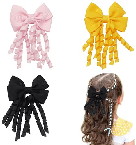 AYNKH 3 pièces Bow Spiral Fringe, double Bow Spiral Curling, French Bow flottant épingle à cheveux, accessoires de cheveux pour les filles de l'école, idéal pour l'école, bal, fête, spectacle