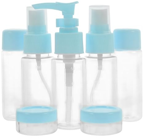 Lot de 7 Flacon Voyage Set, Bouteilles de voyage 60 ml, Petits pots de crème, Vaporisateur transparent, distributeur à pompe shampoing, accessoires de voyage pour cosmétiques (Bleu)
