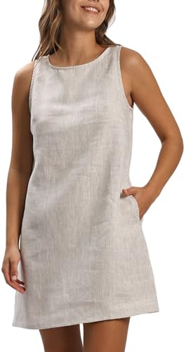 Amazhiyu Abito in Lino da Donna, Senza Maniche, Abito Estivo in Lino, Abito da Spiaggia, A Linea, Midi, Girocollo, Lunghezza al Ginocchio, Top con Tasche, Lino, S