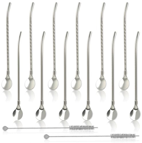 12 Cuillères À Paille En Acier Inoxydable, Réutilisables, En Métal,6 Modèles Lisses 6 Modèles Filetés, Paille Granita Réutilisable Idéale Pour Cocktail, Smoothies, Latte, Desserts Glacés Et Boissons F