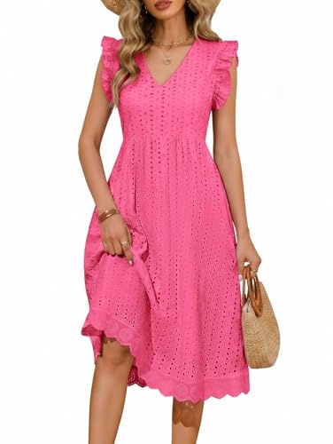PASUDA Vestito Donna Estivo Abito Lungo Scollo a V Casual Vestiti Senza Maniche a Volant Abiti Lunghi Cotton Comodo Floreale Vuoto Jacquard Vestiti da Spiaggia con Tasche (Rosa, M)