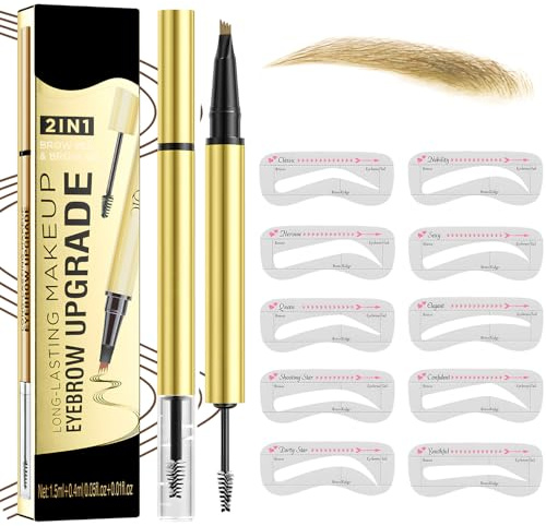 MOTIBACK Lápiz de cejas 2 en 1 de doble extremo + gel de cejas, resistente al agua, lápiz de cejas 3D microblading con 20 plantillas de cejas, duradero y resistente al sudor para un aspecto natural