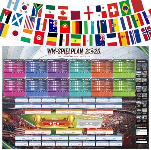 AhfuLife 48 Länder Fahnen Wimpelkette und Fussball Spielplan Poster, 14x21cm Doppelseitig Länderflagge und 100 x 70cm Groß WM Fussball Planer für Deko Fußball Party Restaurant Bar (Deutsch, CEST)
