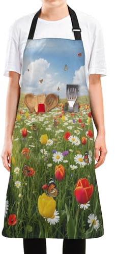SDMKA Colorful Flowers Meadow Bib Apron - Water and Oil Resistant, Adjustable with 2 Large Pockets, 35 Inch Chef Aprons for Cooking, Grilling, Gardening, Men and Women