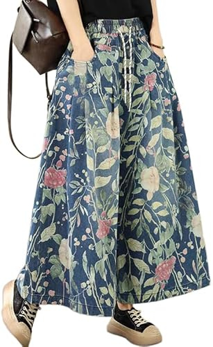 Mrs Duberess Jeans de pierna ancha con estampado floral para mujer, pantalones de mezclilla recortados de tiro medio con cintura elástica, ajuste holgado, transpirables