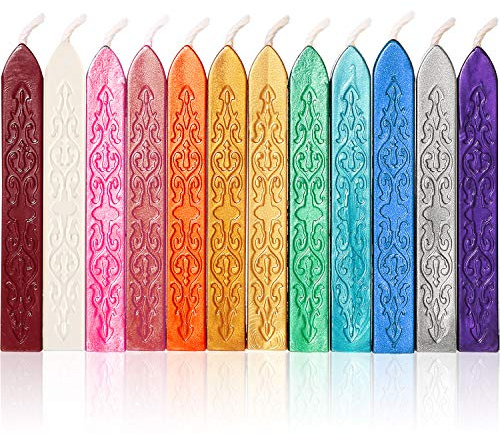 Bememo - Lot de 12 bâtons de cire à cacheter avec mèches, style antique - pour sceaux et cachets (12 couleurs assorties B)