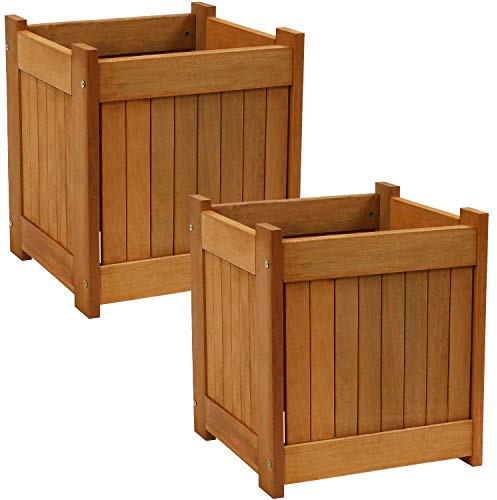 Sunnydaze 16-Inch Meranti Wood Planter Boxes for Outdoor Plants - Square Large Planter Boxes with Teak Oil Finish - Set of 2