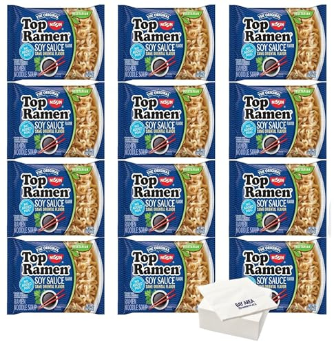 Nissin Top Ramen, Soy Sauce Flavor, The Original Instant Ramen, (3oz. 12-Pack) - with Bay Area Marketplace Napkins