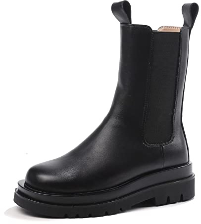 SWZEC Bottines Chelsea Femme à Plateforme Chunky Automne Hiver à Enfiler Bottes à Bout Carré Cuir Rétro Antidérapante Mode Noir Hautes 39