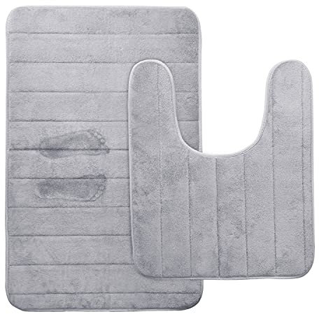 BIKHYY Memory Foam Bathroom Mats 2 Piece Sets Non Slip Bathtub and Toilet Pedestal Mats with Water Absorbent for Bathroom Memory Foam Bath Mat 50 x 80 cm and 50 x 60 cm (Light Grey)