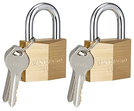 CINCINNO Solid Brass Padlock with Key, Key Lock with 1-9/16 Wide Body, 2 Pack Keyed Alike Locker Lock with Key