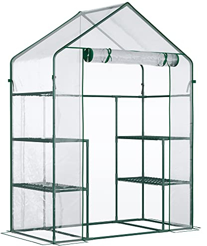 Outsunny Folieväxthus gångbara trädgårdshus tomatväxthus drivhus tidig bänk med 6 hyllor transparent stål PVC-plast 142 x 73 x 195 cm