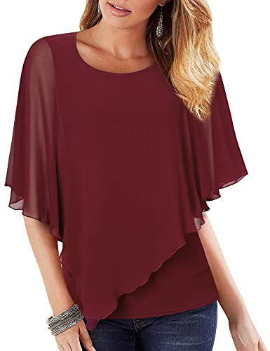 Vafoly Damen Lässige Oberteil 3/4 arm Chiffon Elegant bluse für Abendgarderobe Frauen Business Freizeitkleidung Alltagskleidung Bluse Oberteile Leicht Poncho Umhang Schal Einfarbig Weinrot XL