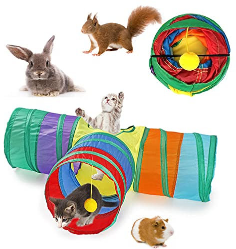HUOGEE Faltbarer Kaninchen Tunnel Haustier Spielzeug 3-Wege Kleintier Aktivität Tunnel Röhren Versteck Spielzeug für Kaninchen Meerschweinchen Katzen Chinchilla Frettchen
