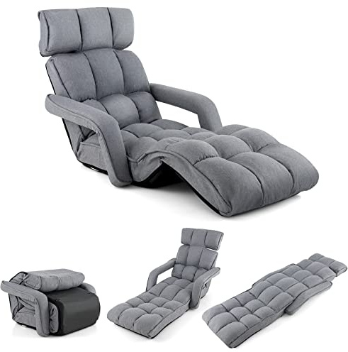 COSTWAY Sillón Plegable, Sofá Tumbona de Interior con 6 Posiciones Ajustables, Sillón Cama Plegable con Reposabrazos, Respaldo y Reposapiés Ajustables, para Salón, Dormitorio, Oficina (Gris)