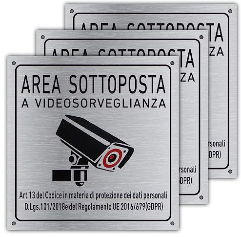 Scettar 3 pezzi Cartello Area Videosorvegliata Alluminio con Avviso GDPR, con Adesivo e Fori, 15×15cm Cartello Telecamera Sorveglianza Metallo per Casa e Negozio, Interno ed Esterno.
