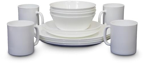 Vango Opal 16 Piece Dinnerware Tempered Glass Dining Set: 4 Dinner Plates, 4 Side Plates, 4 Bowls, 4 Mugs, Dishwasher & Microwave Safe
